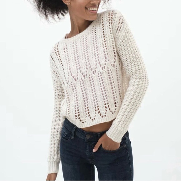 Aeropostale Sweaters - Aeropostale Pointelle Crochet Knit Ivory Crew Sweater Small Boho Chunky Cozy